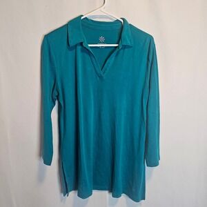 Isaac Mizrahi Live Essentials Top Blouse Collared V Neck Polo Long Sleeve Teal‎